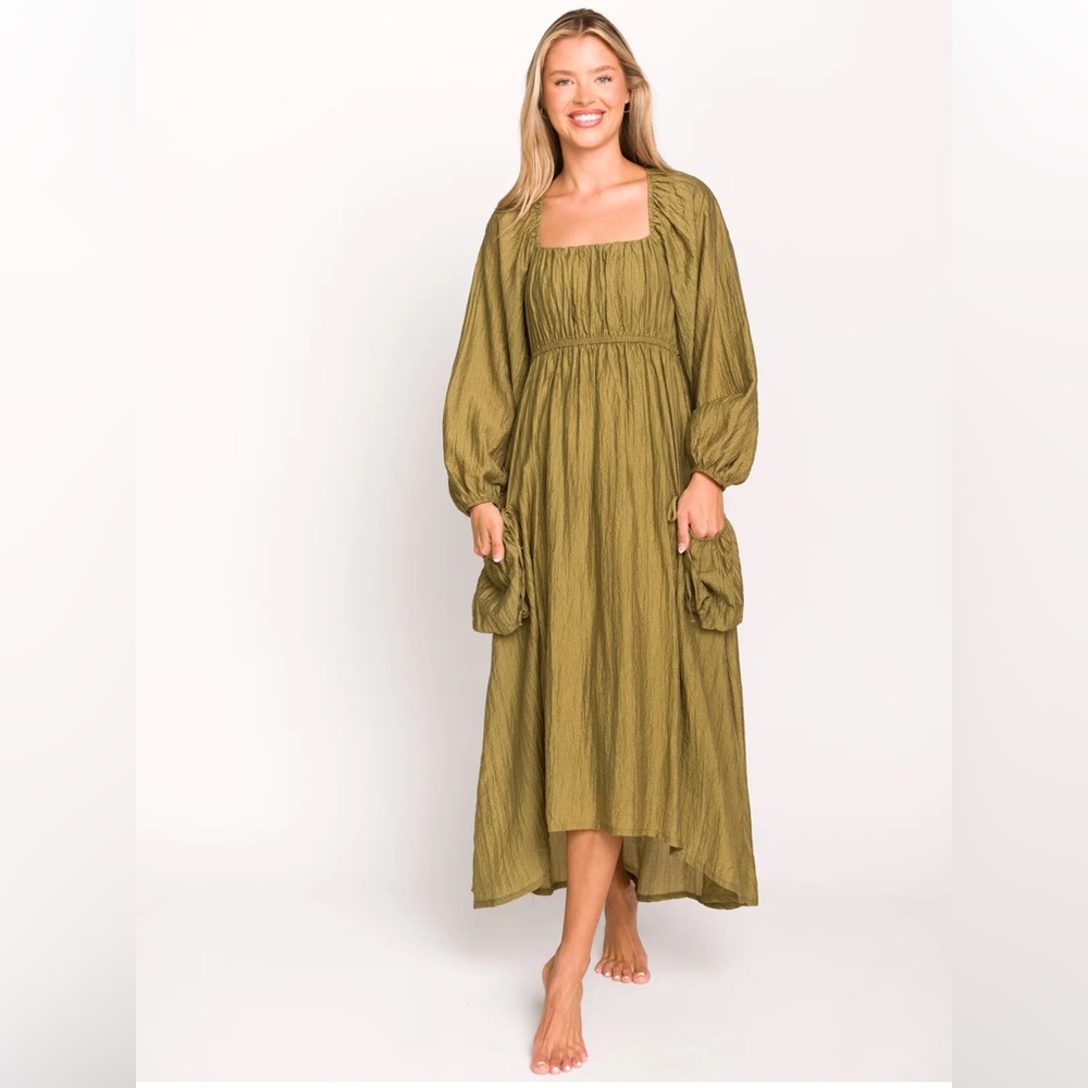 Ariana Long Sleeved Maxi Dress with Slouchy Pocket in Olive - Worth NWT